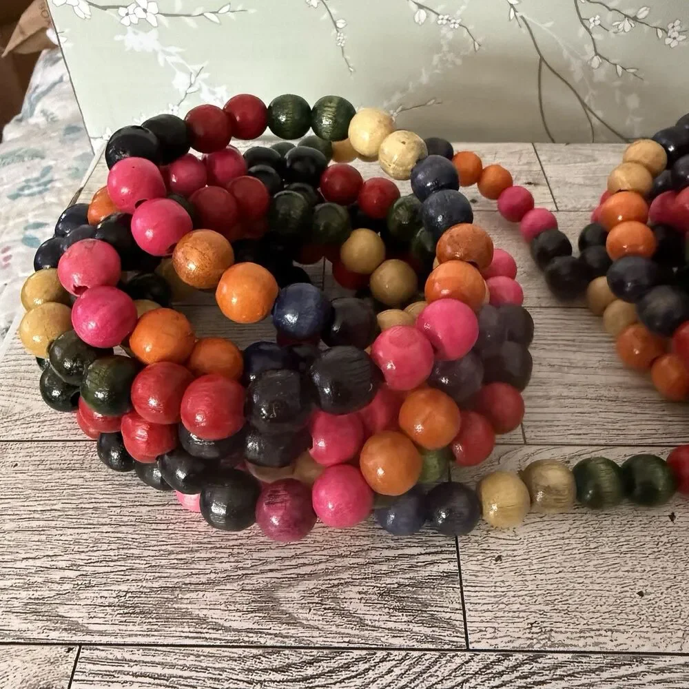 Vintage 9 ft WOODEN BEAD Christmas Tree Garland Strands Multi-Color LOT OF 2